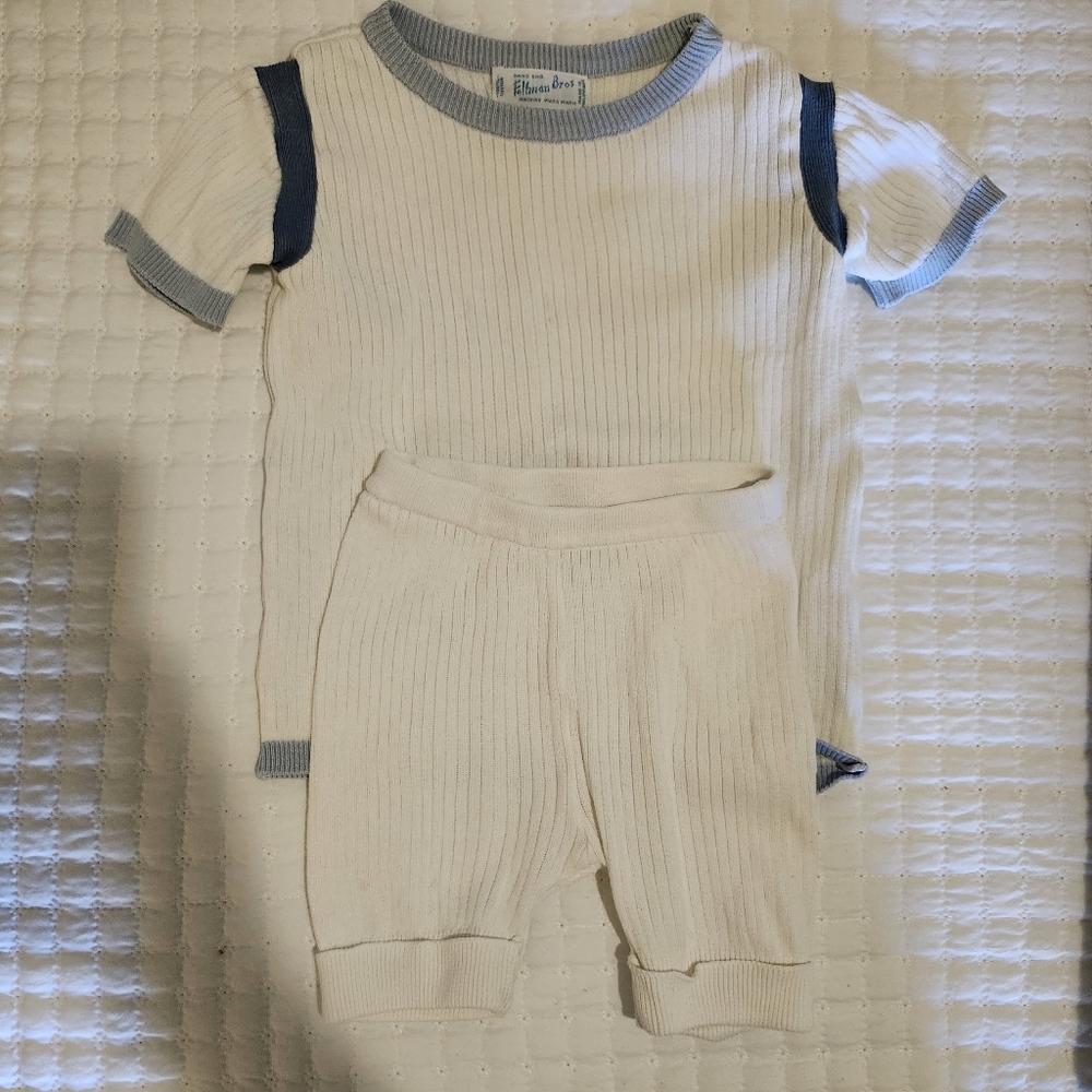 Cream and Blue Ribbed Baby Outfit feltman brothers 24m